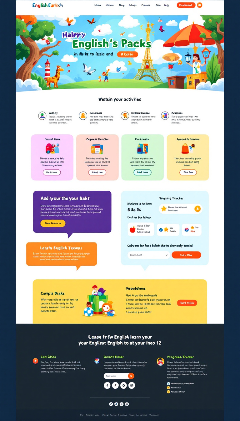 Design a colorful and engaging one-page website for A1-level English learners aged 8-12, featuring interactive activities like vocabulary games, grammar exercises, and speaking prompts. Include user-friendly navigation and supportive visuals to facilitate learning, while also showcasing simple cultural elements and a progress tracker with rewards to motivate young users.