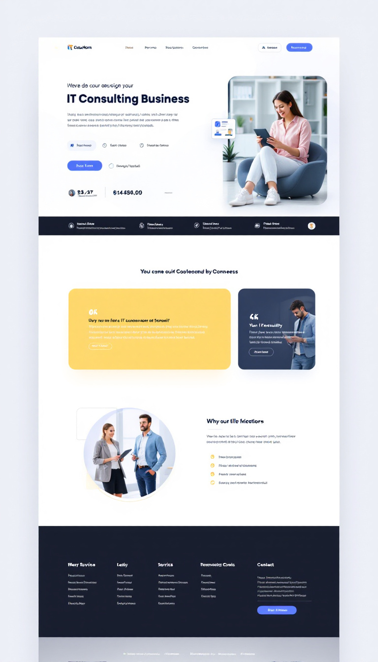 Design a sleek one-page website for an IT consulting business, featuring a modern layout, clear navigation, and sections for services, testimonials, and contact information. Focus on a professional and inviting aesthetic to attract potential clients.