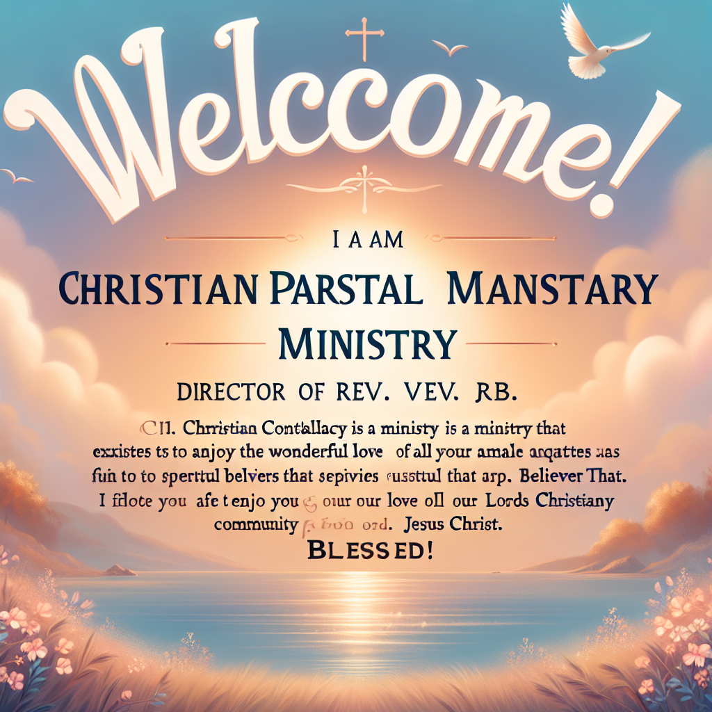 Una imagen de bienvenida con el título 'MINISTERIO PASTORAL CRISTIANO' centrado en la parte superior. Debajo de eso, el siguiente texto: '¡Bienvenidos!' debajo de eso: 'Soy el Rev. JRB. Director De Consultoria Cristiana.' debajo de eso: 'Consultoria Cristiana Es Un Ministerio Que Como Su Nombre Lo Indica Existe Para Responder A Todas las Inquietudes Espirituales Que Los Creyentes Tienen. En El Amor maravilloso De Nuestro Señor Jesucristo.' debajo de eso: 'Los Invito A Disfrutar De Nuestra Comunidad Cristiana Virtual De Fe.' y en la parte inferior: '¡ Bendecidos !'. El fondo debe ser sereno y edificante, adecuado para un ministerio de consultoría cristiana.