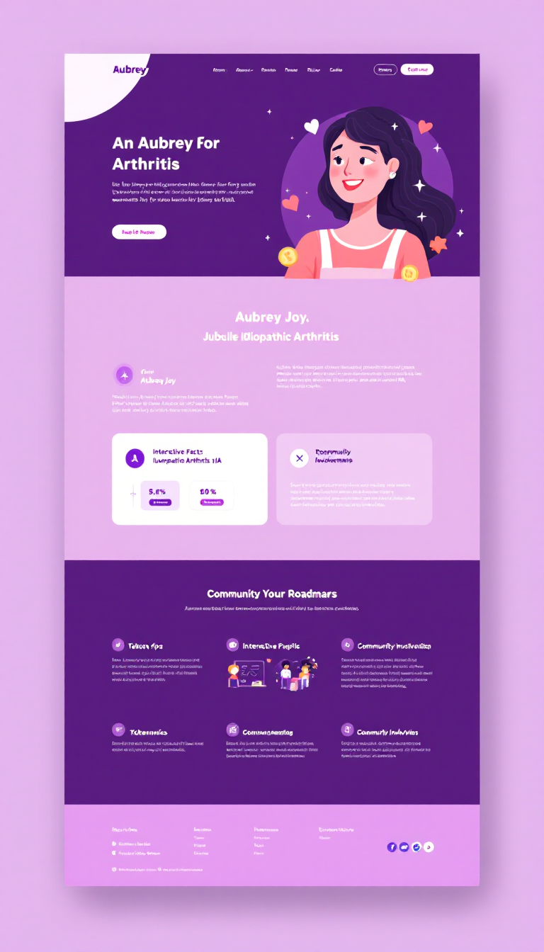 Design a one-page website for "Aubrey For Arthritis," a memecoin focused on raising awareness for Juvenile Idiopathic Arthritis (JIA). Use a color palette of deep purple, mid-purple, lavender purple, white, and soft pink to create a warm, engaging, and informative layout. Key sections should include a hero banner featuring Aubrey Joy’s story with a call-to-action, explanations about the coin’s purpose, an interactive facts section on juvenile arthritis, tokenomics, community involvement, a roadmap, and a footer with social media links and contact information. Ensure smooth animations and a mobile-responsive design for a polished aesthetic.