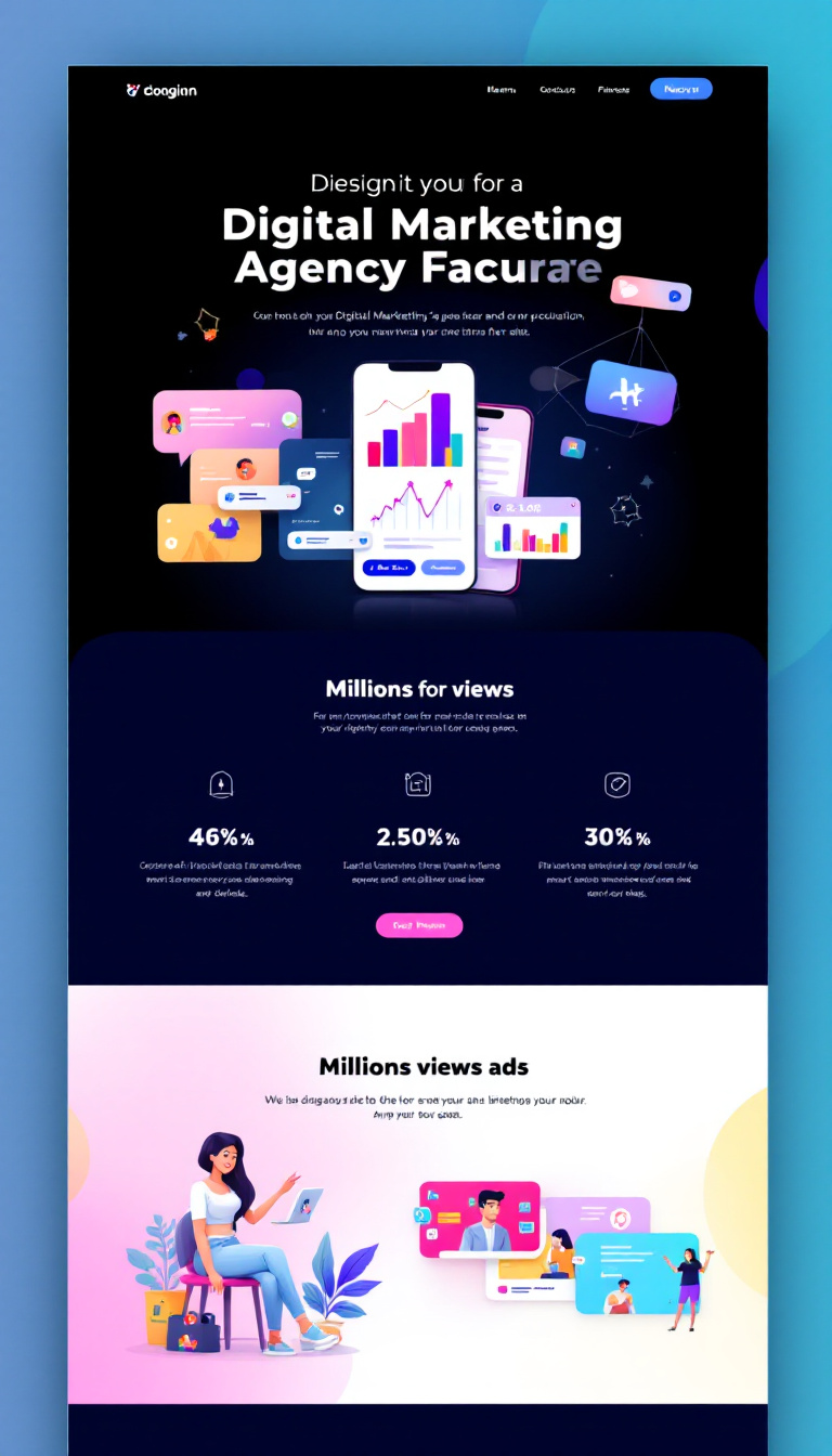 Design a modern one-page website for a Digital Marketing Agency featuring vibrant visuals. Highlight impressive statistics, such as millions of views for the agency's ads.