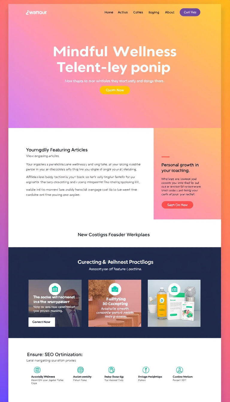 Design a single-page website centered on mindful wellness and personal growth coaching. Include sections for a blog featuring engaging articles, an overview highlighting the benefits of personal growth in the workplace, affiliate marketing links for relevant products, and ensure effective SEO optimization for better visibility. Prioritize user-friendly navigation and a visually appealing layout to enhance engagement.