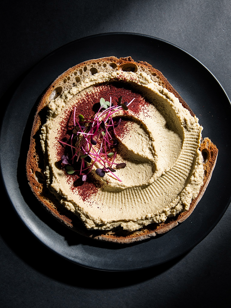 Top-down photography of a thick spread of hummus on rustic sourdough flatbread. Visible textured swirls, topped with vibrant pink radish microgreens and deep red sumac powder. High contrast lighting. Plate is a dark Midnight Ink slate. Minimalist and bold aesthetic. Editorial style.
