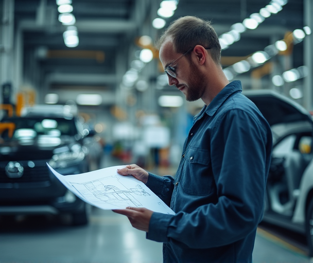 Professional quality engineer working with automotive manufacturing blueprints and quality control systems