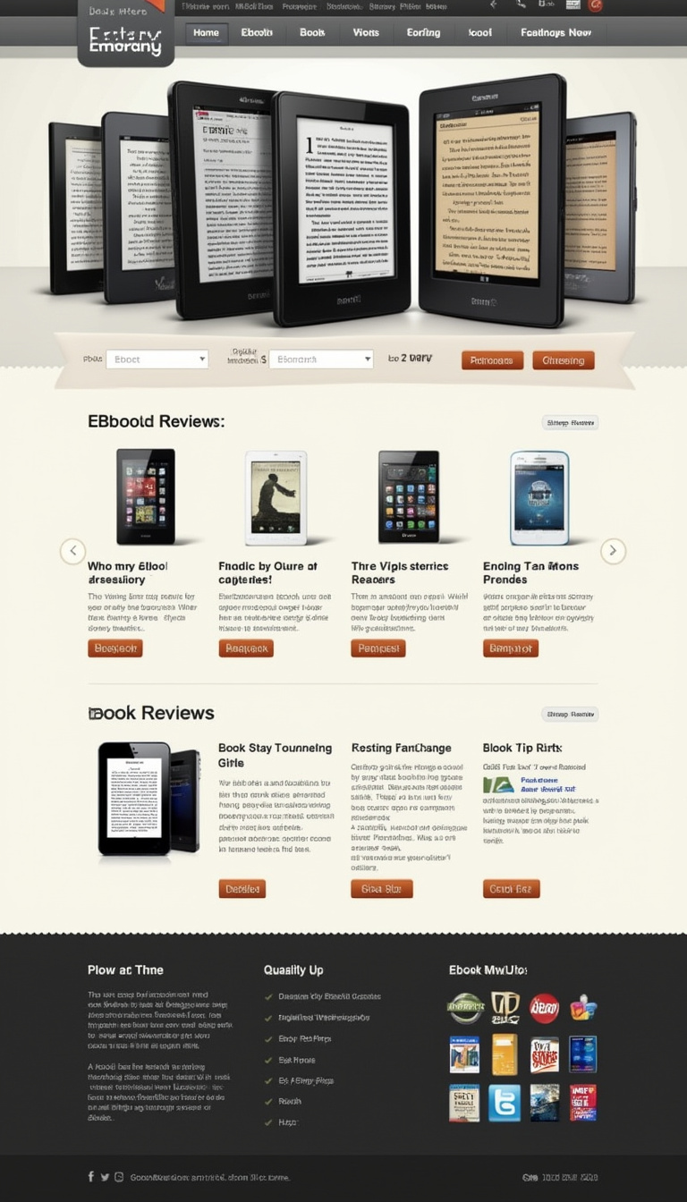 Create a simple one-page website showcasing ebook reader information, reviews, and news, focusing on selling ebook readers and their accessories. Include sections for detailed reviews, product highlights, and a streamlined shopping experience.