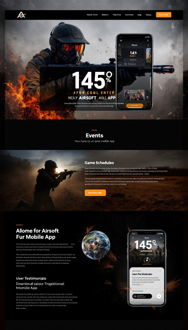 Design a sleek, one-page website for an airsoft mobile app, featuring sections for events, game schedules, and user testimonials. Include eye-catching visuals and a call-to-action for downloading the app.