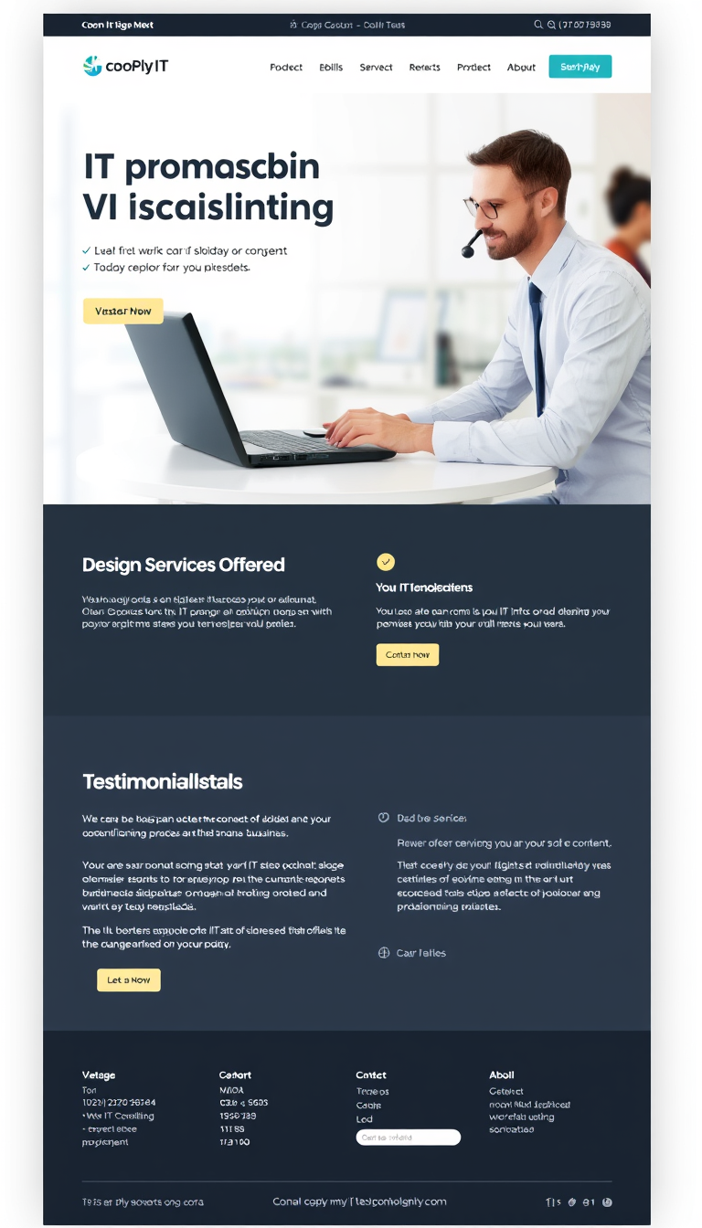 Design a simple one-page website for an IT consulting business, featuring a clean layout, professional color scheme, and sections for services offered, testimonials, and contact information.