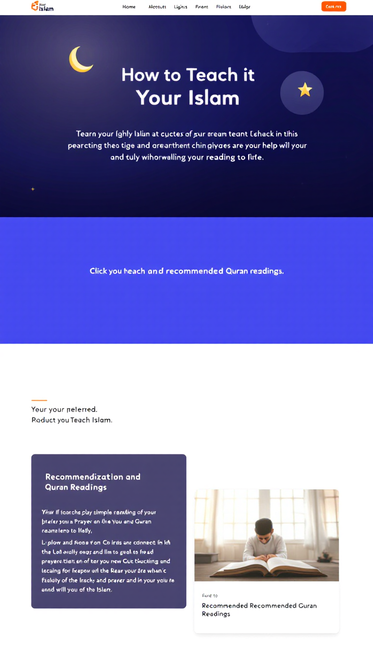 Create a simple one-page website focused on teaching Islam, including guidance on prayer practices and recommended Quran readings. The design should be clean and user-friendly.