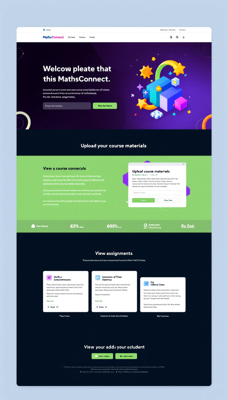 Create a vibrant and engaging one-page website titled 'MathsConnect' for students. It should feature sections for uploading course materials and viewing assignments, all designed to be user-friendly and visually appealing.