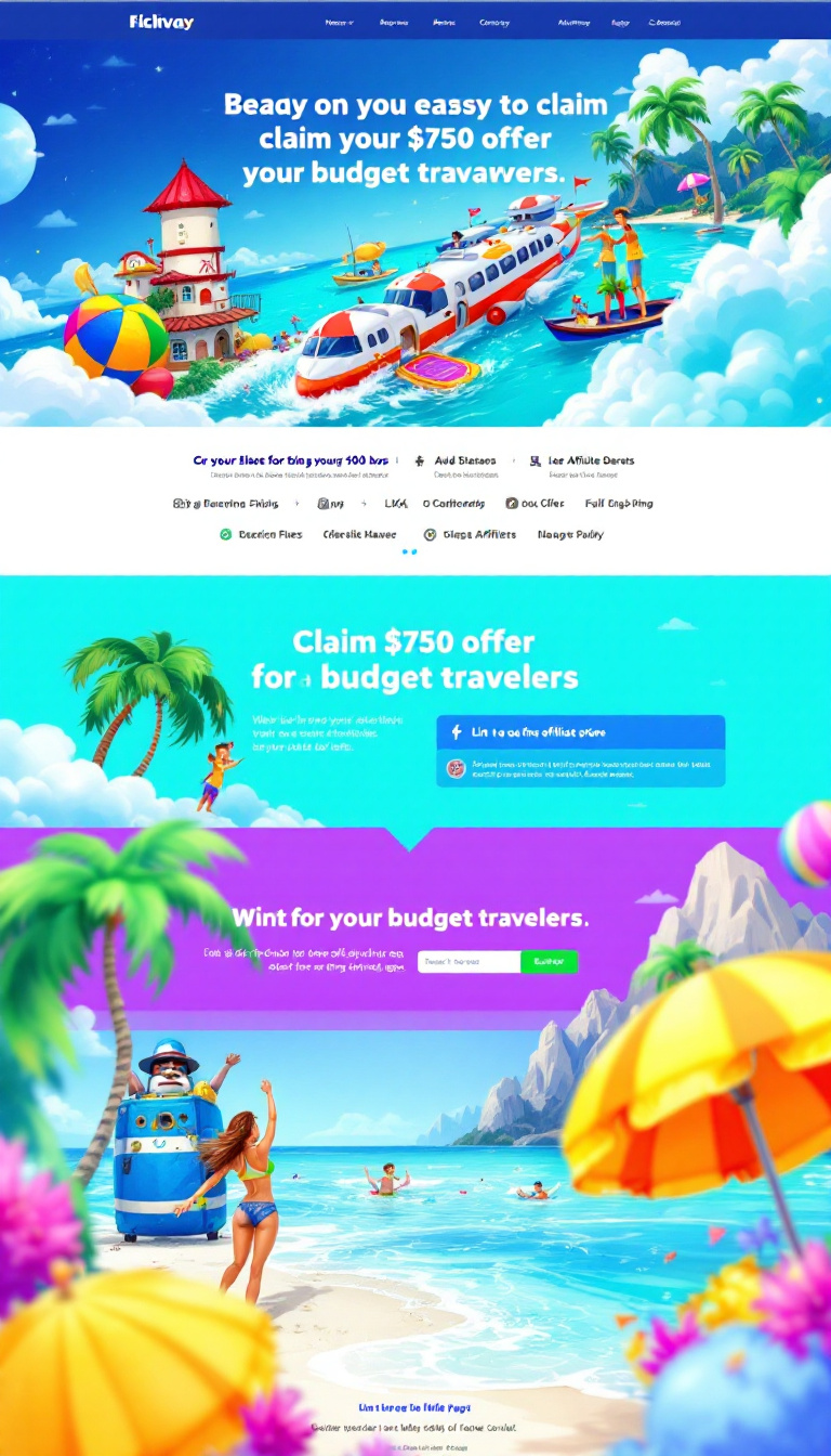 Design a vibrant landing page that highlights an easy process to claim a $750 offer for budget travelers. Incorporate a prominent call-to-action button linking to the affiliate page, utilizing bright colors to create an energetic and inviting atmosphere.