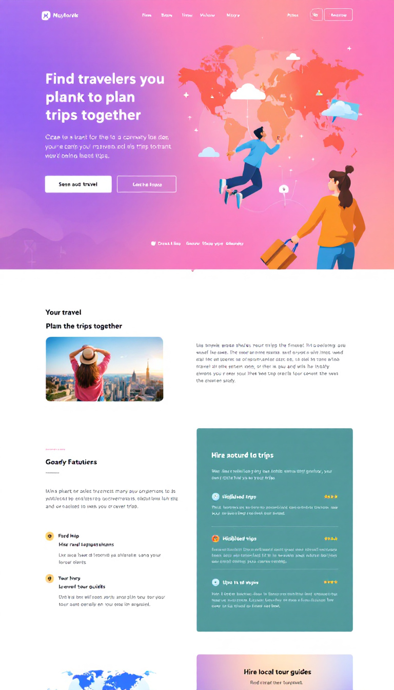 Create a simple one-page website for a travel platform that connects travelers to plan trips together. Include features for finding travel companions, an interactive world map, highlighted trips, and options for hiring local tour guides.