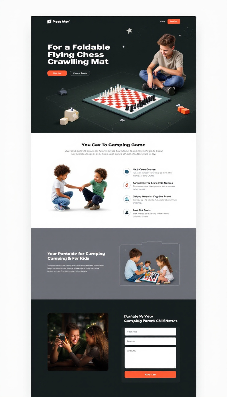 Create a dark mode landing page design for a foldable flying chess crawling mat. The page should focus on showcasing this portable board game for kids, highlighting its features and benefits for camping and parent-child bonding.