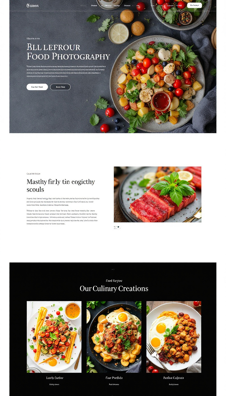 Create a simple, clean one-page online portfolio website for showcasing food photography and culinary creations. Focus on an elegant layout with vibrant images to highlight the dishes.