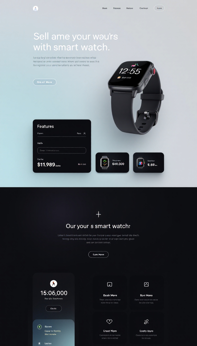 Create a modern one-page landing site for selling a smartwatch, featuring a sleek dark mode design that highlights its features and benefits.