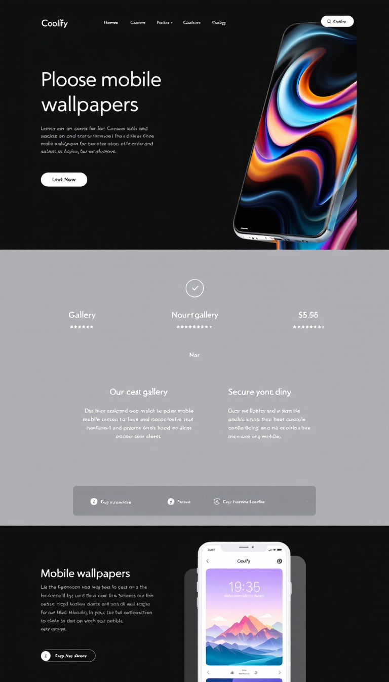 Design a minimalist, one-page e-commerce website called 'Coolify' for selling mobile wallpapers. It should feature a sleek gallery, user reviews and ratings, secure purchasing options, and simple navigation, all optimized for mobile device users.