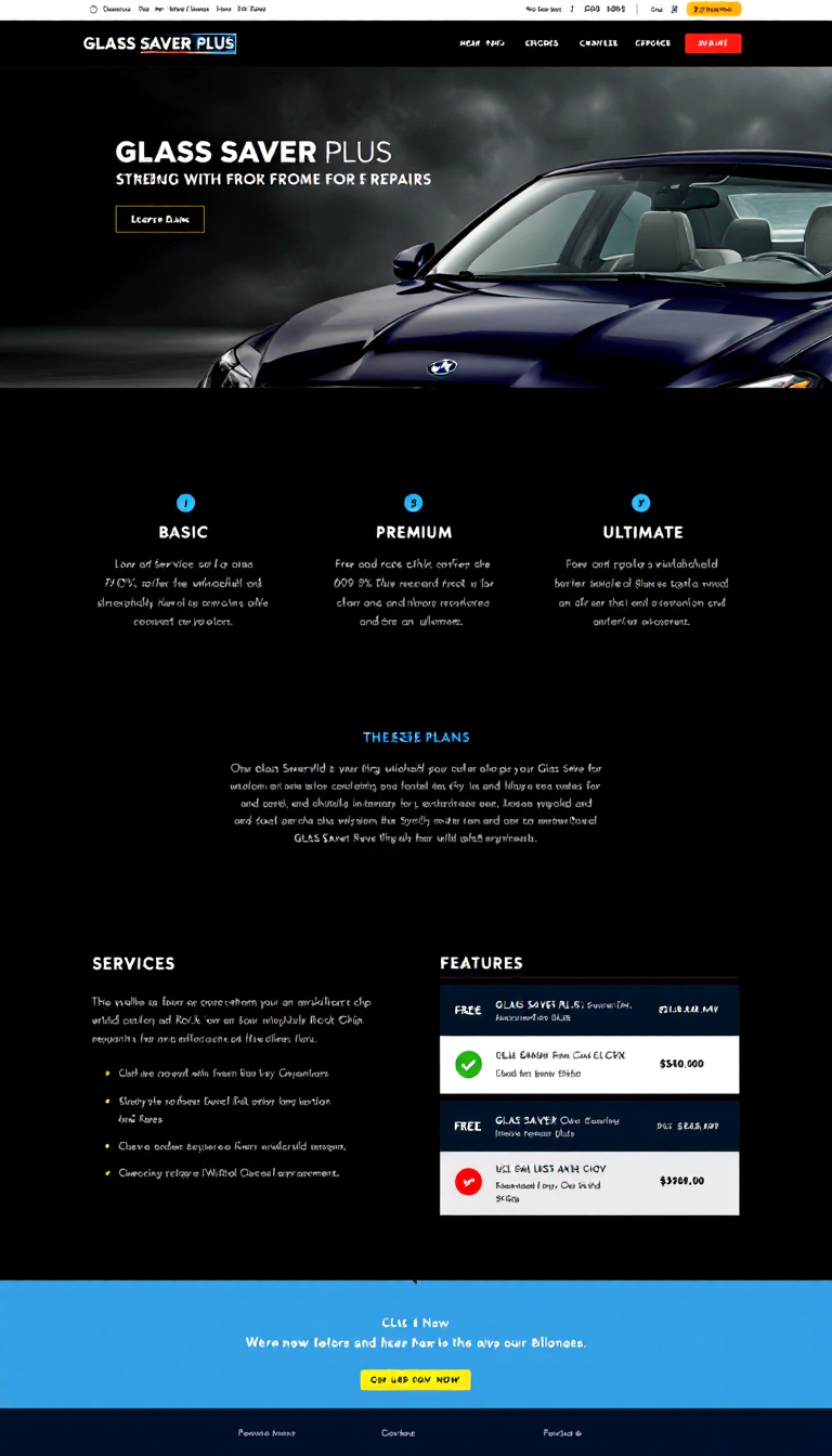 Create a simple one-page website for GLASS SAVER PLUS, a product that strengthens windshields by 70% and offers free rock chip repairs and windshield replacements. Include details about three service plans: Basic, Premium, and Ultimate, highlighting their features and prices.