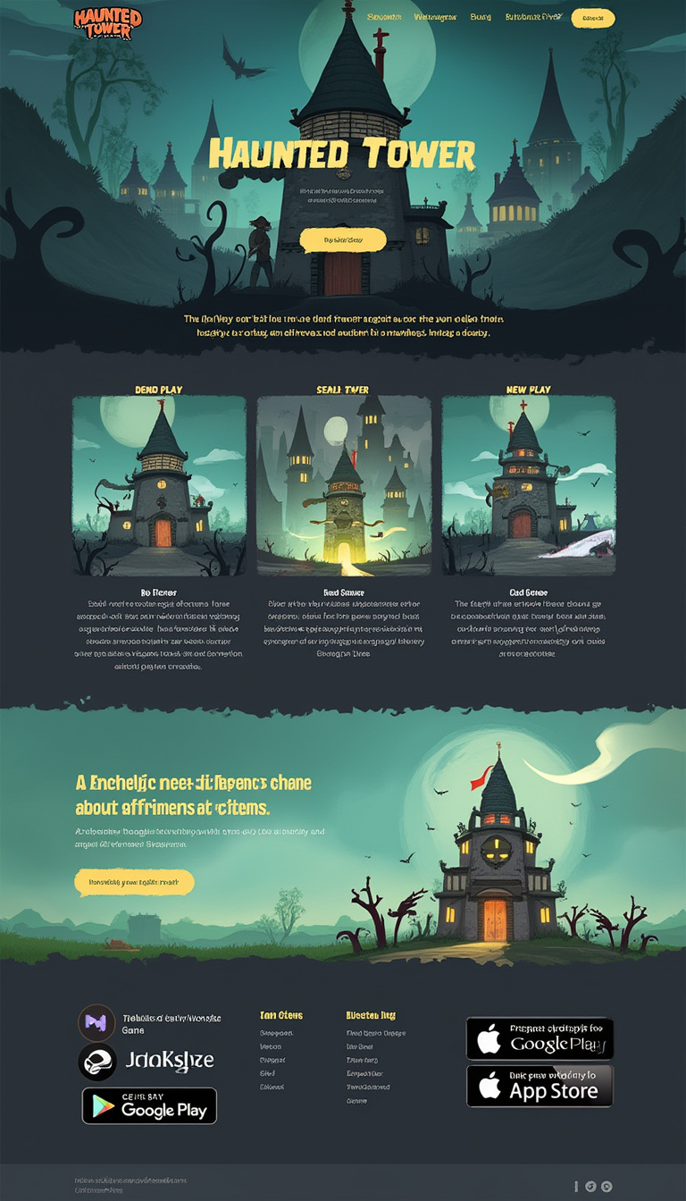 Design a simple one-page website for "Haunted Tower," a tower defense game. Include sections for a demo play option, links to Google Play, Apple Store, and Steam, and feature the tagline: "A clever tower defense game about Strategy and not Gems."