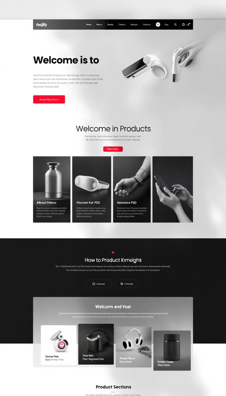Design a clean, one-page online store featuring a welcoming introduction, categorized product sections, and a clear navigation layout. Use a predominantly white color scheme with black and red accents, modern typography, high-quality images, and ensure mobile responsiveness. Include key elements like an about section, contact details, FAQs, and a secure checkout process with Shopify integration.