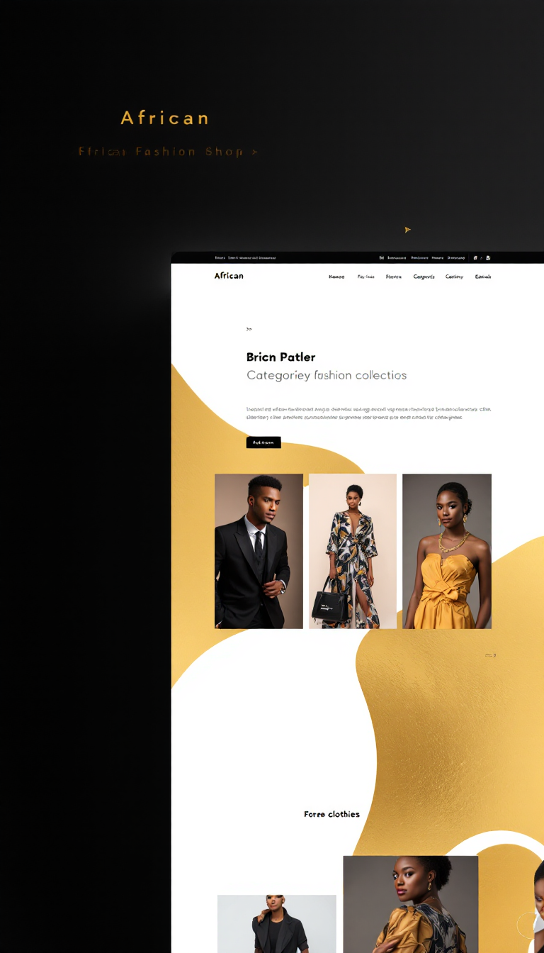 Design a one-page website for an African fashion shop featuring a clean white background with gold and black accents. Include a gallery for browsing clothing by categories, making it easy for customers to explore the collection.