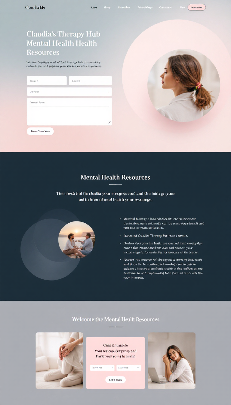 Design a one-page website called 'Claudia's Therapy Hub' focused on mental health resources. It should feature a minimalistic layout with soft, calming colors, a contact form, and a blog section for sharing informative posts, all while maintaining a professional and welcoming atmosphere.