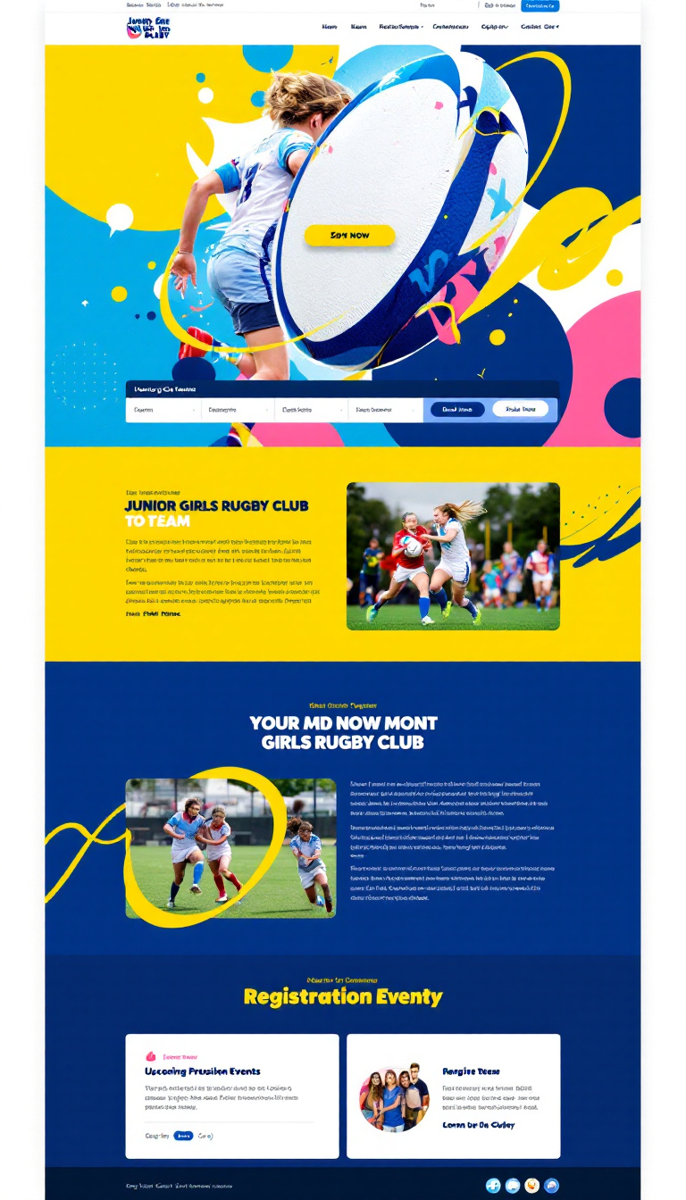 Design a one-page website for a Junior Girls Rugby Club, featuring vibrant colors and engaging graphics. Include sections for team information, upcoming events, registration details, and a gallery.