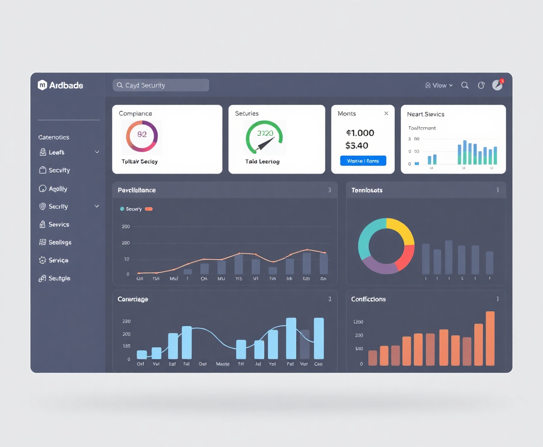 interface mockup showing security dashboard with compliance features and a professional managing it security protocols