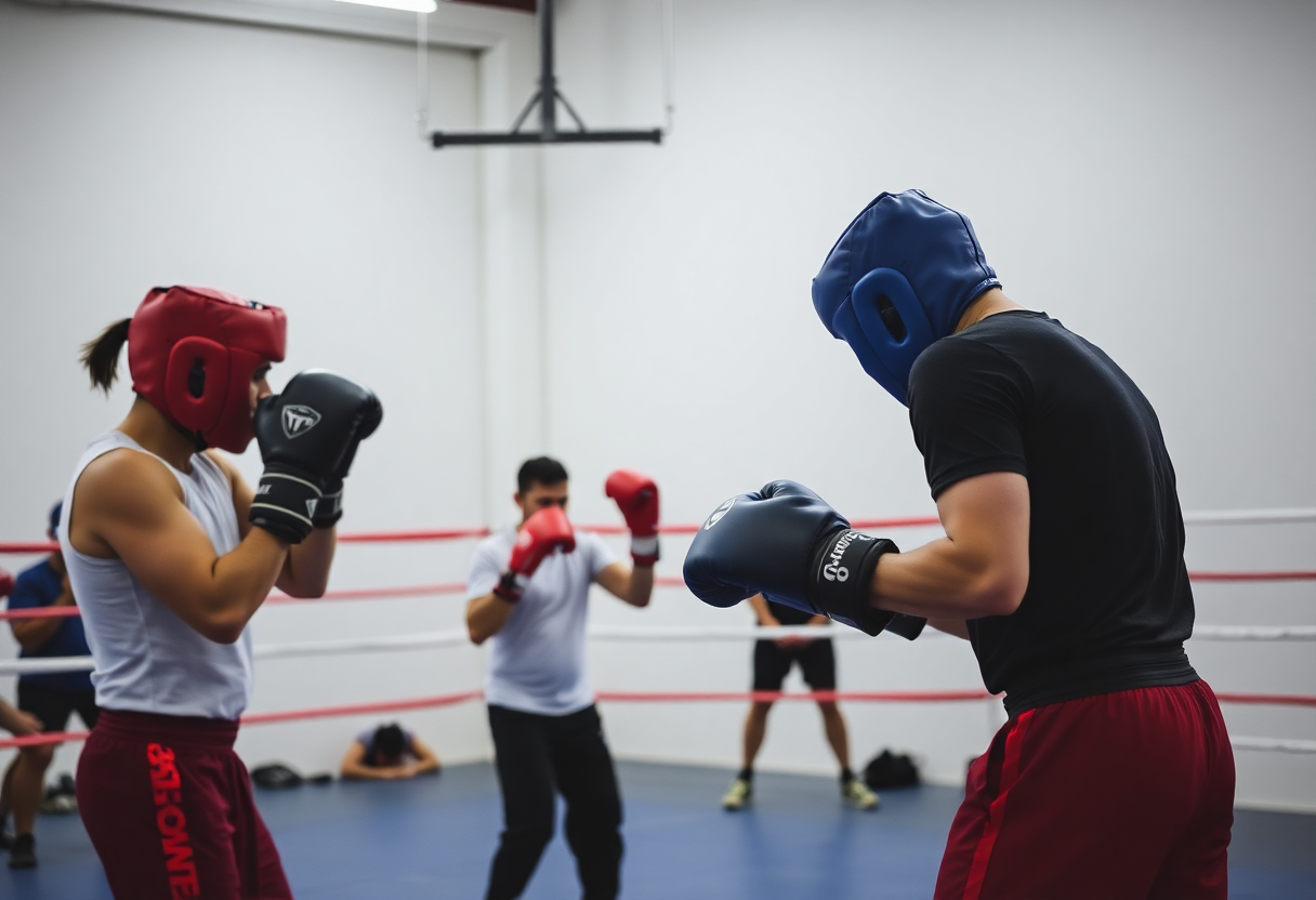 aula de boxe com participantes praticando em sacos de pancada