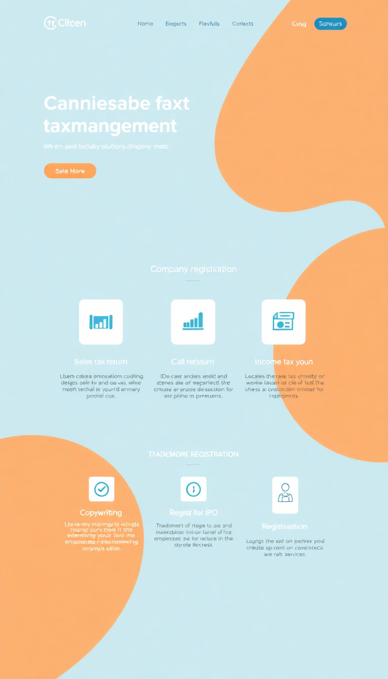 Design a simple one-page website for a corporate and taxation solutions company. Include sections for company registration, sales tax returns, income tax returns, copywriting (IPO), and trademark registration, all presented in a clean and professional layout.