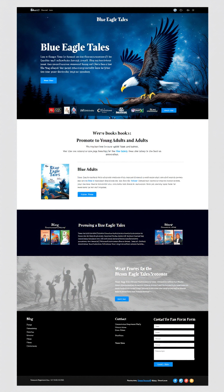 Design a one-page website for Blue Eagle Tales, featuring a blue color theme and eagle imagery. The site should promote books to young adults and adults, include a blog section for updates and stories, and have a contact form for fan engagement.