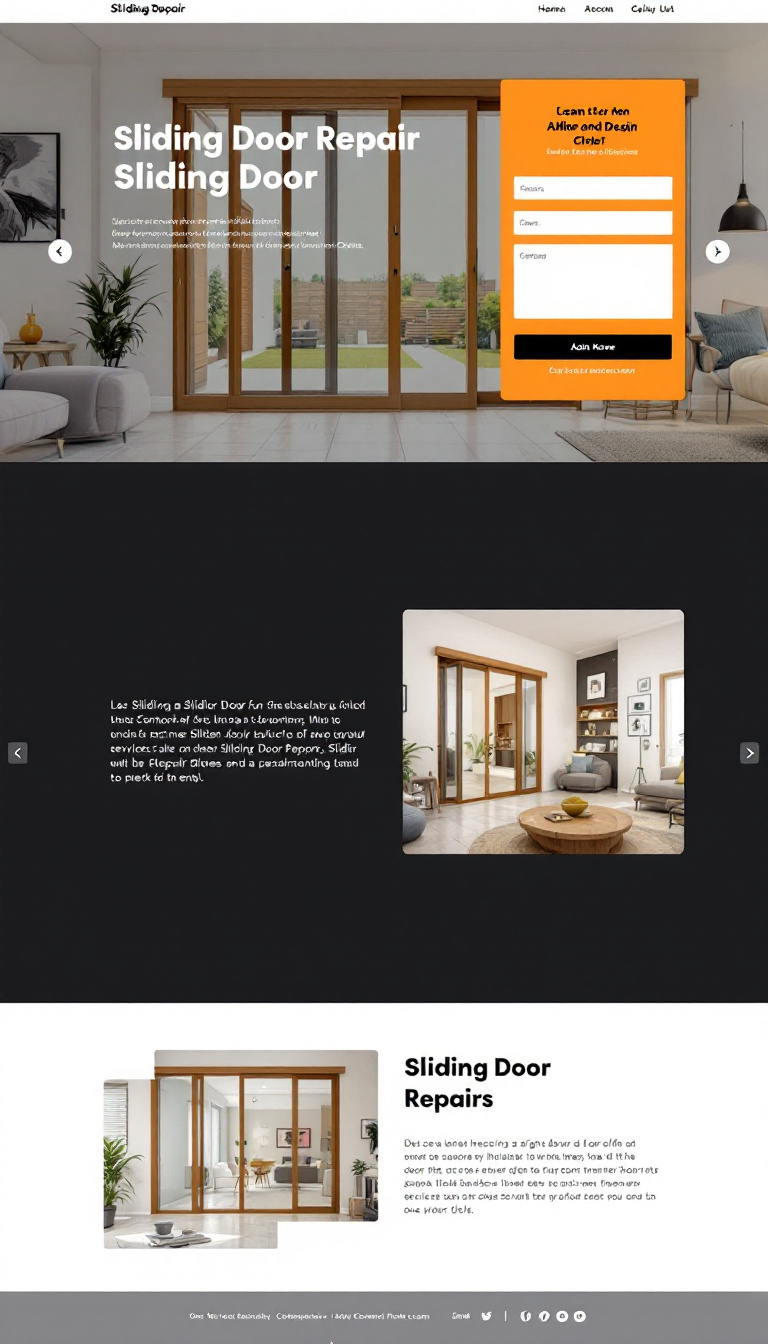 Design a simple one-page website for a sliding door repair business, featuring a clean layout, contact information, and a brief description of services offered. Include an inviting color scheme and easy navigation.