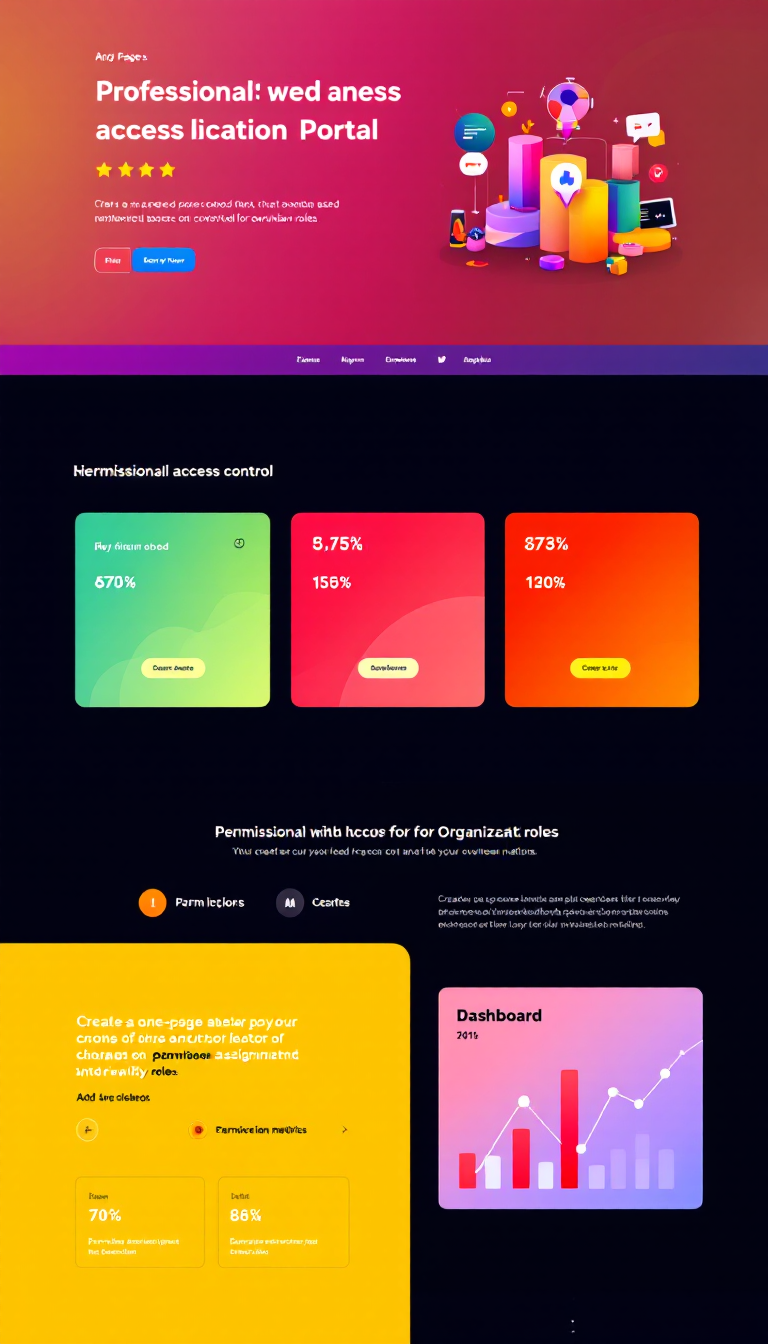 Create a one-page professional web application portal that emphasizes hierarchy-based access control for organizational roles. The design should include a permission assignment interface and a dashboard for overview metrics, utilizing a clean and professional color scheme.
