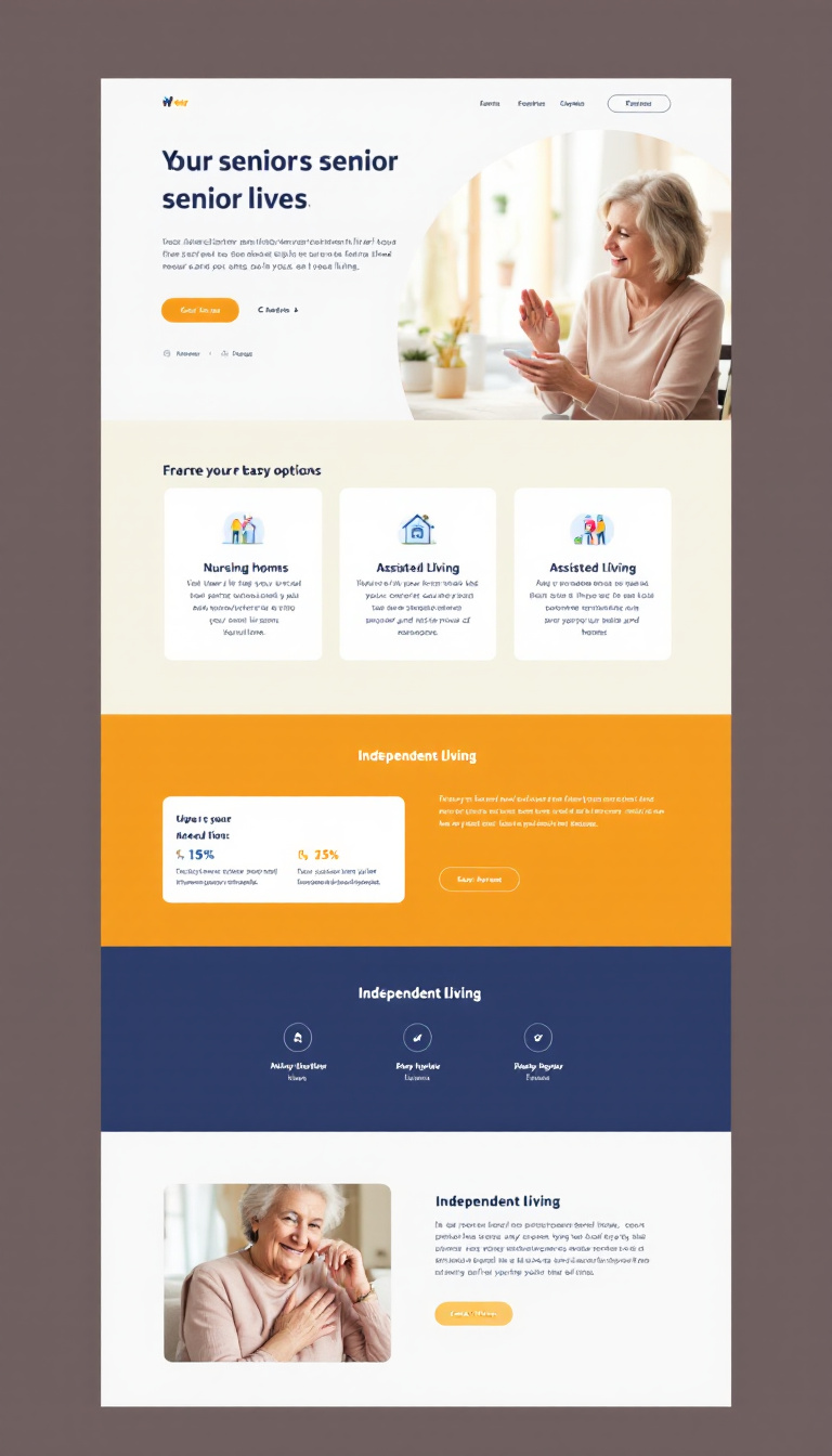 Create a one-page website that provides guidance on various senior living options, including nursing homes, assisted living facilities, and independent living. The design should be simple and clean, focusing on personalized support for individual needs and preferences.