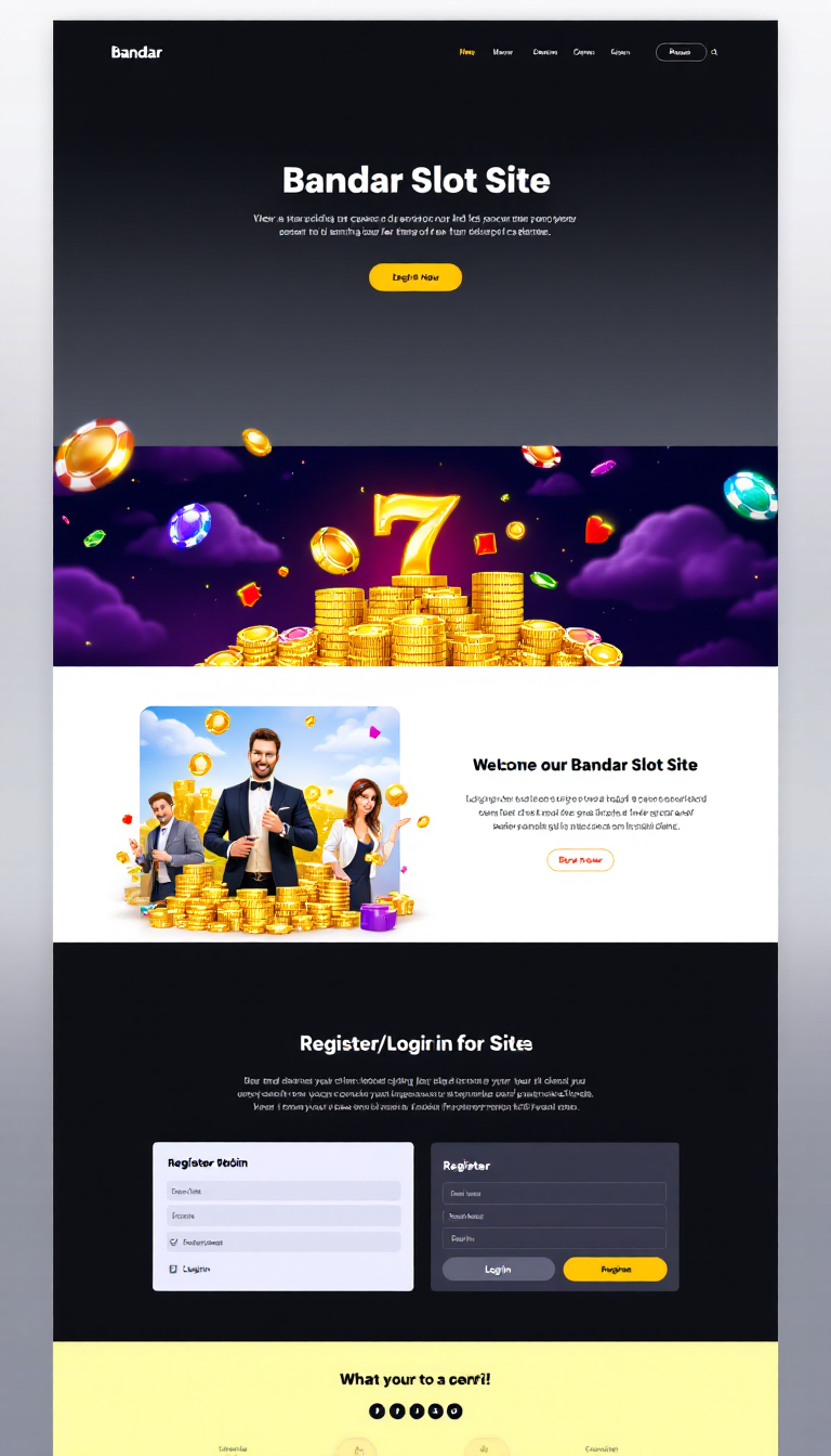 Create a one-page landing website for "Bandar Slot Site" featuring a prominent H1 title, an eye-catching banner, and register/login buttons for user access. The design should be simple, clean, and user-friendly.