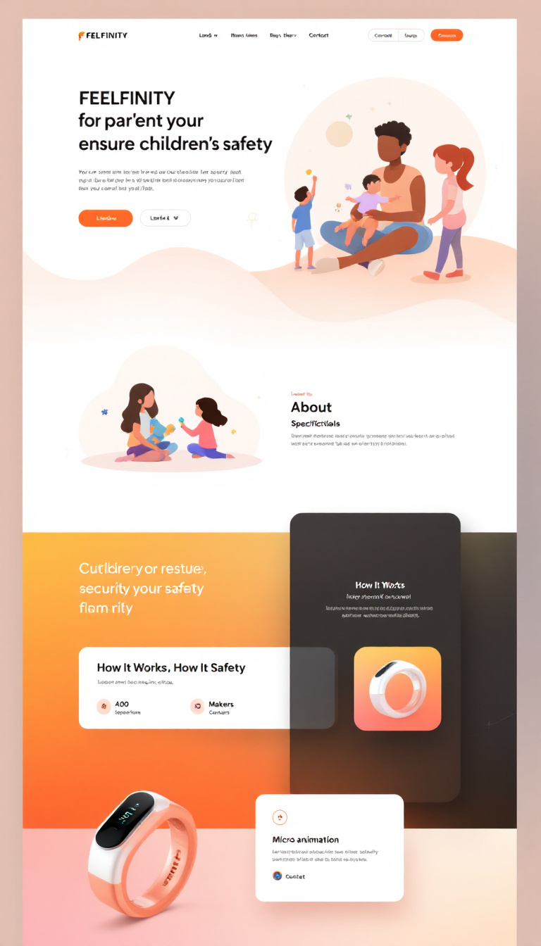 Design a sleek, one-page website for FEELFINITY, a security ring for parents to ensure children's safety. Use warm, inviting colors with sections for Landing, About, Specifications, How It Works, Makers, and Contact, incorporating micro-animations and interactive 3D models to create a futuristic yet friendly atmosphere that appeals to tech-savvy parents.