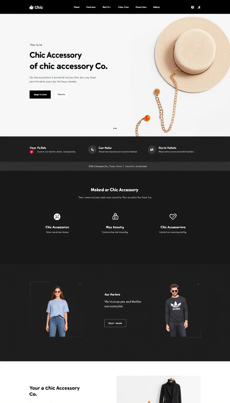 Create a minimalist one-page website for Chic Accessory Co., an online shop for fashion-forward individuals. Include social media links and a clean, stylish layout that highlights their accessories.