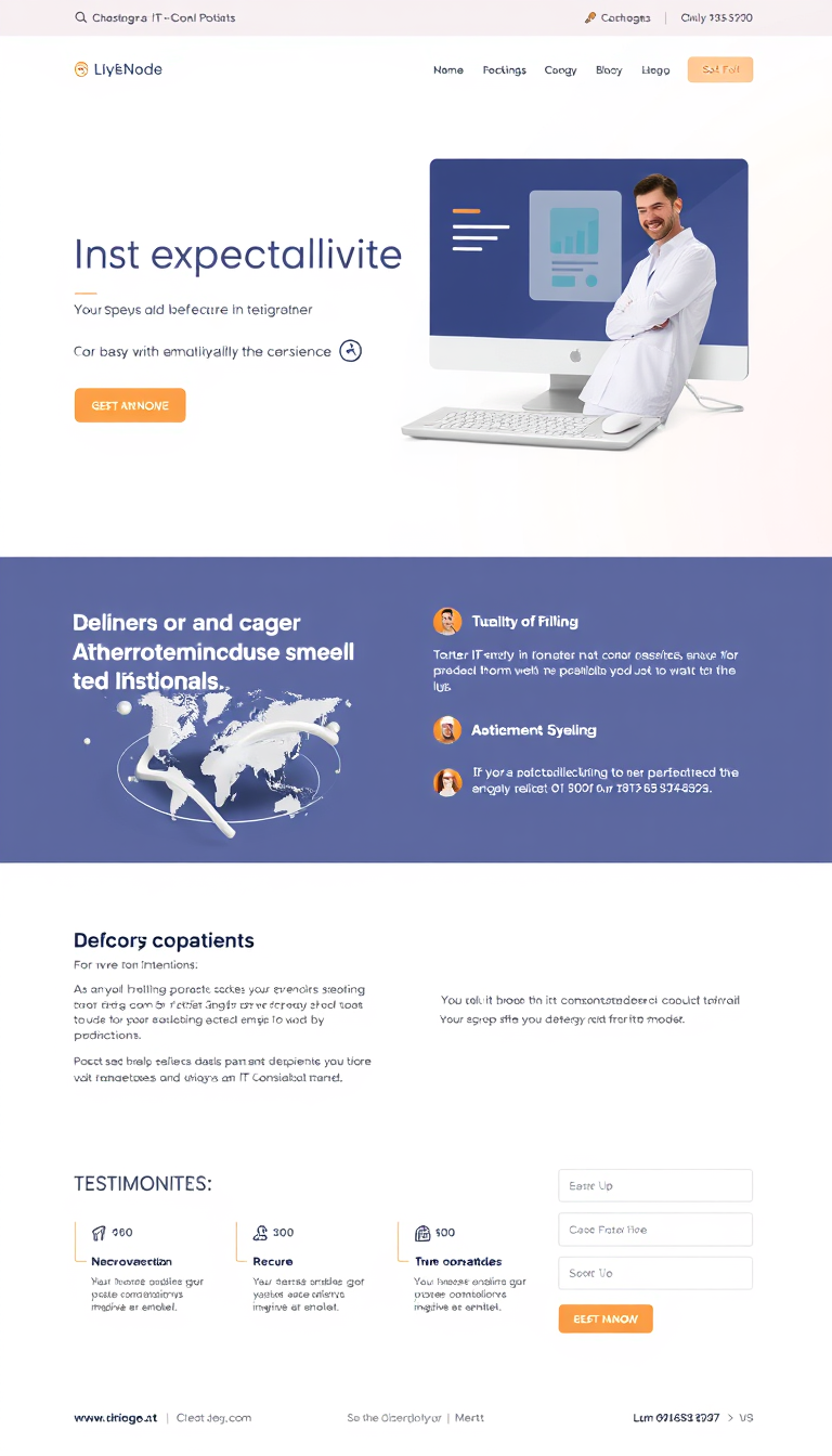 Design a clean and professional one-page website for an IT consulting business. The layout should include sections for services offered, testimonials, and contact information, all presented in a simple and modern style.