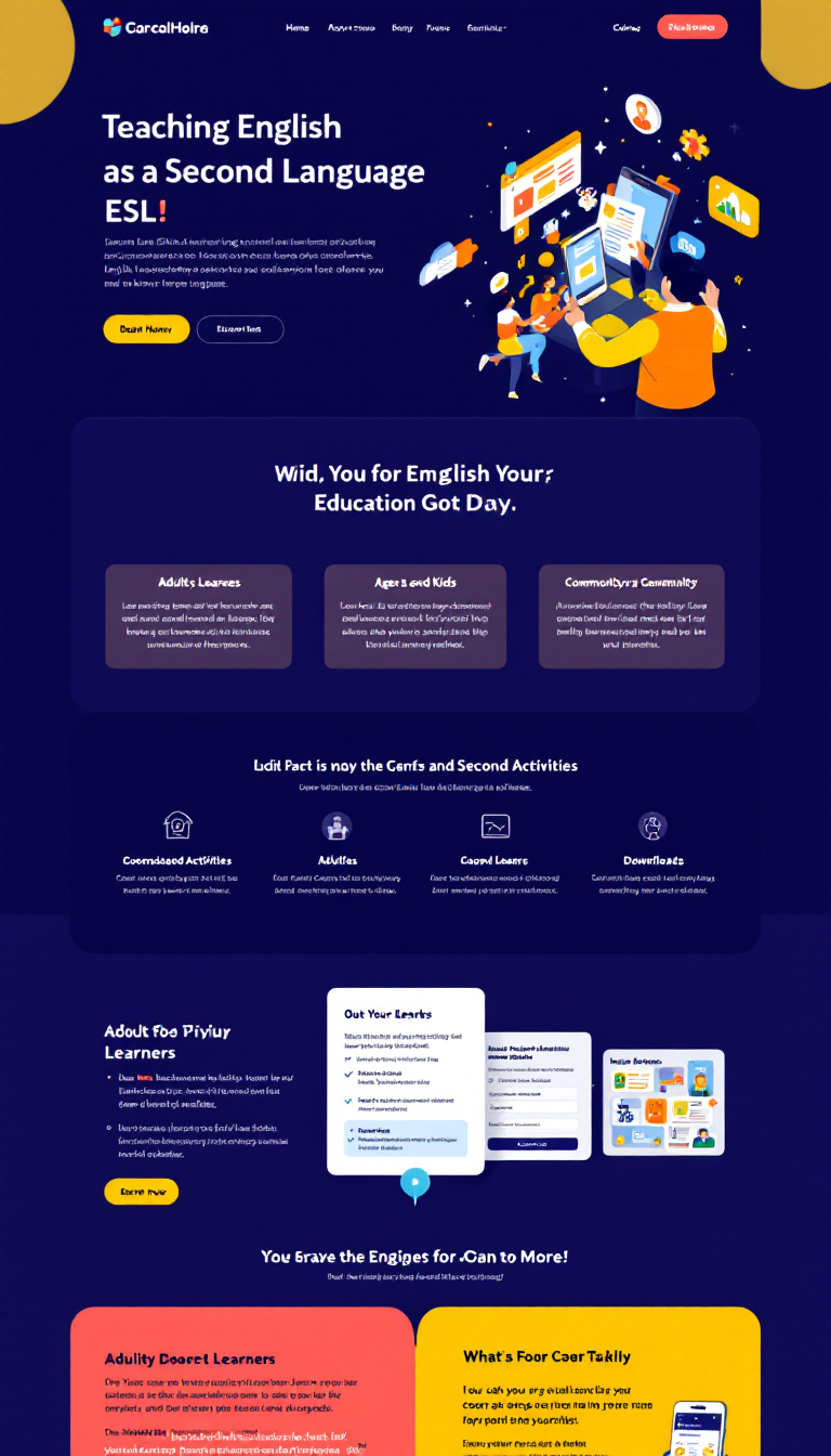 Design a one-page education website for teaching English as a Second Language (ESL) that is engaging and user-friendly. It should cater to diverse learners, including adults, teens, and kids, featuring interactive sections, age-appropriate activities, and vibrant visuals. The layout should prioritize intuitive navigation, include downloadable resources, and enable community interaction while ensuring responsiveness and accessibility across all devices.