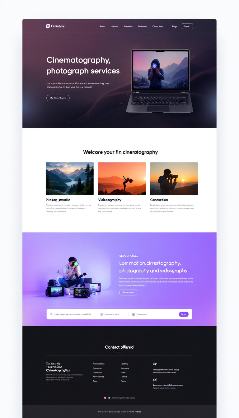 Design a clean and simple one-page website showcasing services in cinematography, photography, and videography. Include sections for portfolio, services offered, and contact information.
