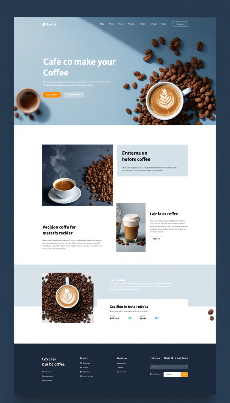 Crea una página web para vender café mediante una red de mercadeo, utilizando una paleta de colores azul y blanco. Incluye imágenes atractivas y secciones claras para realizar pedidos.