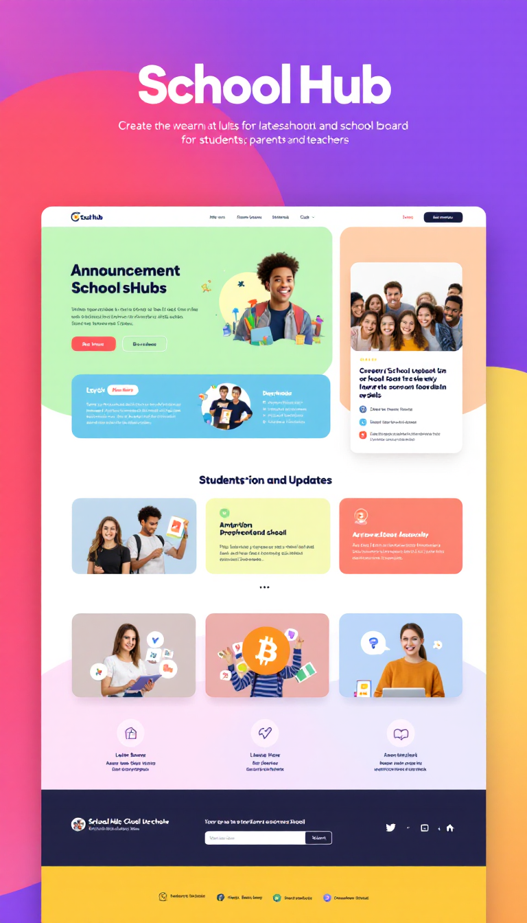 Create a clean and modern one-page website titled 'School Hub' for students, parents, and teachers. The main focus should be an announcement board prominently displaying the latest school updates and news.