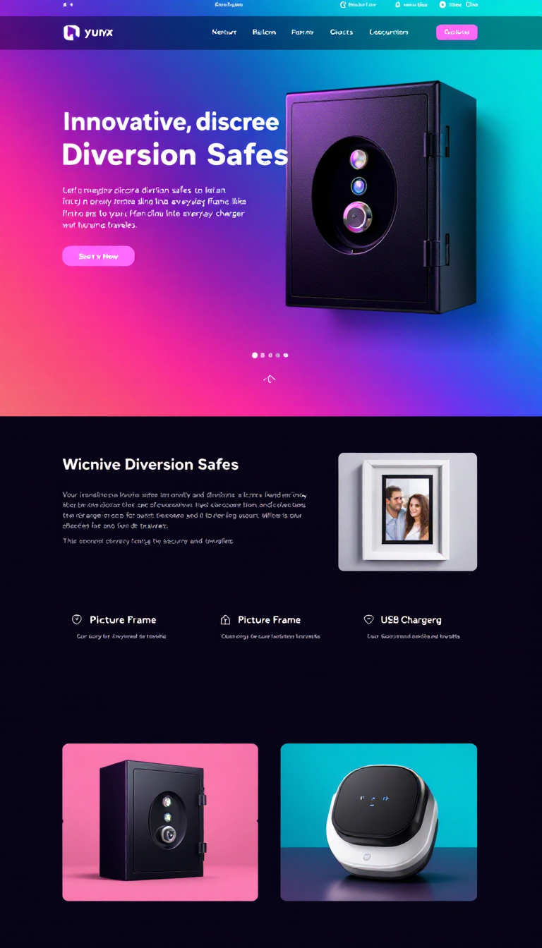 Create a one-page dark-themed website for an online store featuring innovative, discreet diversion safes that blend into everyday items like picture frames and USB chargers. Use vivid purple, cyan, and pink colors to convey security and style for homeowners and travelers.