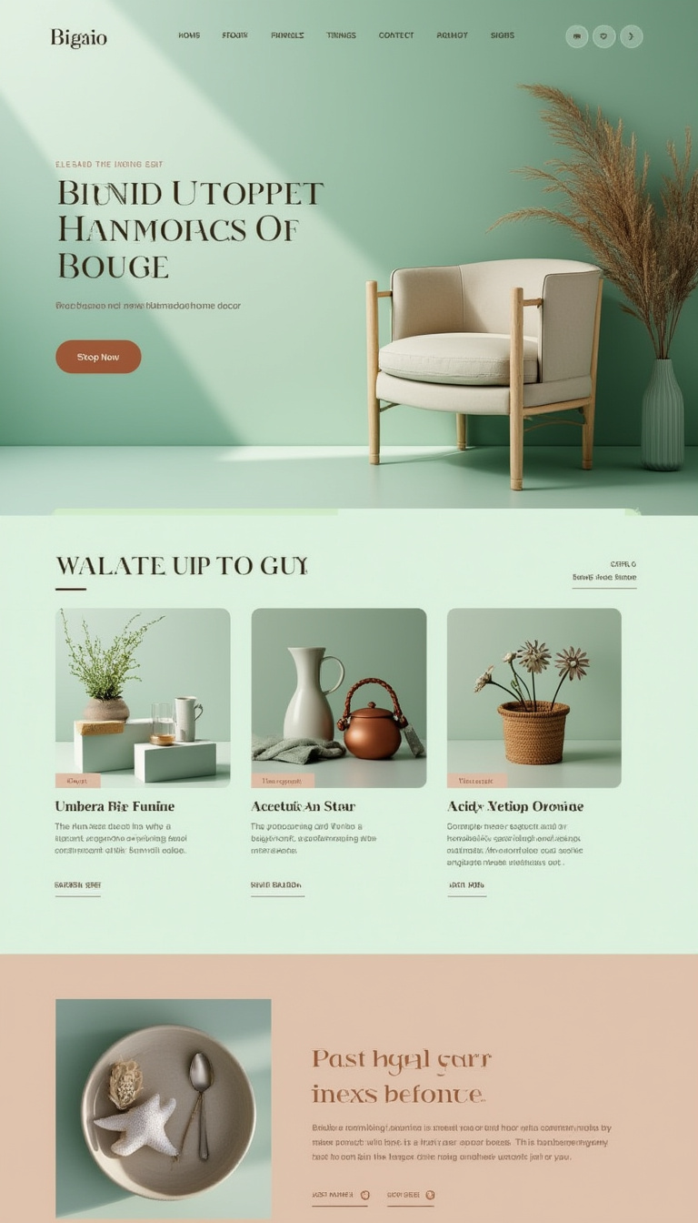 Design a simple and elegant one-page e-commerce website for a brand selling accessories and handmade home decor. Use a classy aesthetic with light mint green colors to enhance the overall look.
