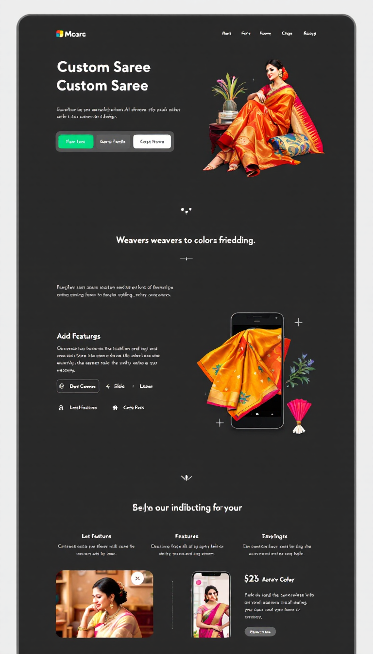 Create a one-page website concept for an app that facilitates custom saree design, showcasing user-friendly features like AI-driven style suggestions, fabric, and color customization. Highlight its role in connecting weavers and customers, while promoting traditional craftsmanship through an engaging and modern interface.