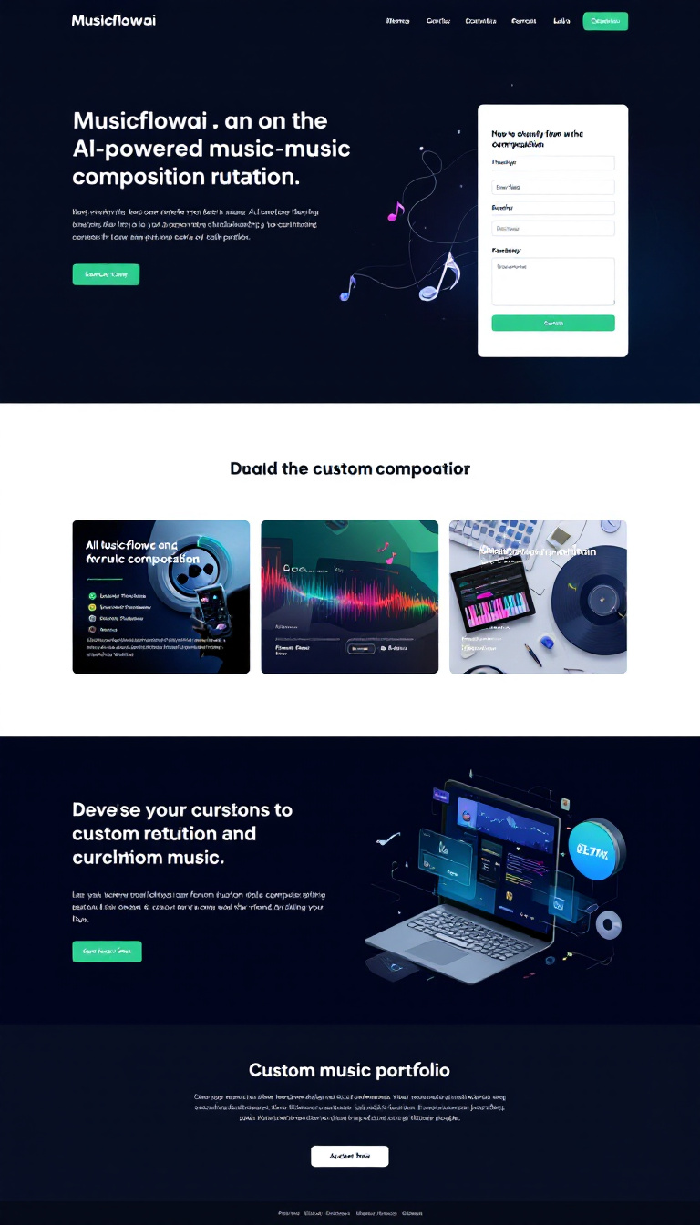 Create a modern, one-page website for Musicflowai, an AI-powered music composition company. The site should attract clients through a clean design featuring a company introduction, service details, an engaging portfolio, and a responsive contact form, all highlighting the innovative use of technology in custom music composition. Use a color palette of dark blue, turquoise, and gray with creative imagery that reflects music and technology.