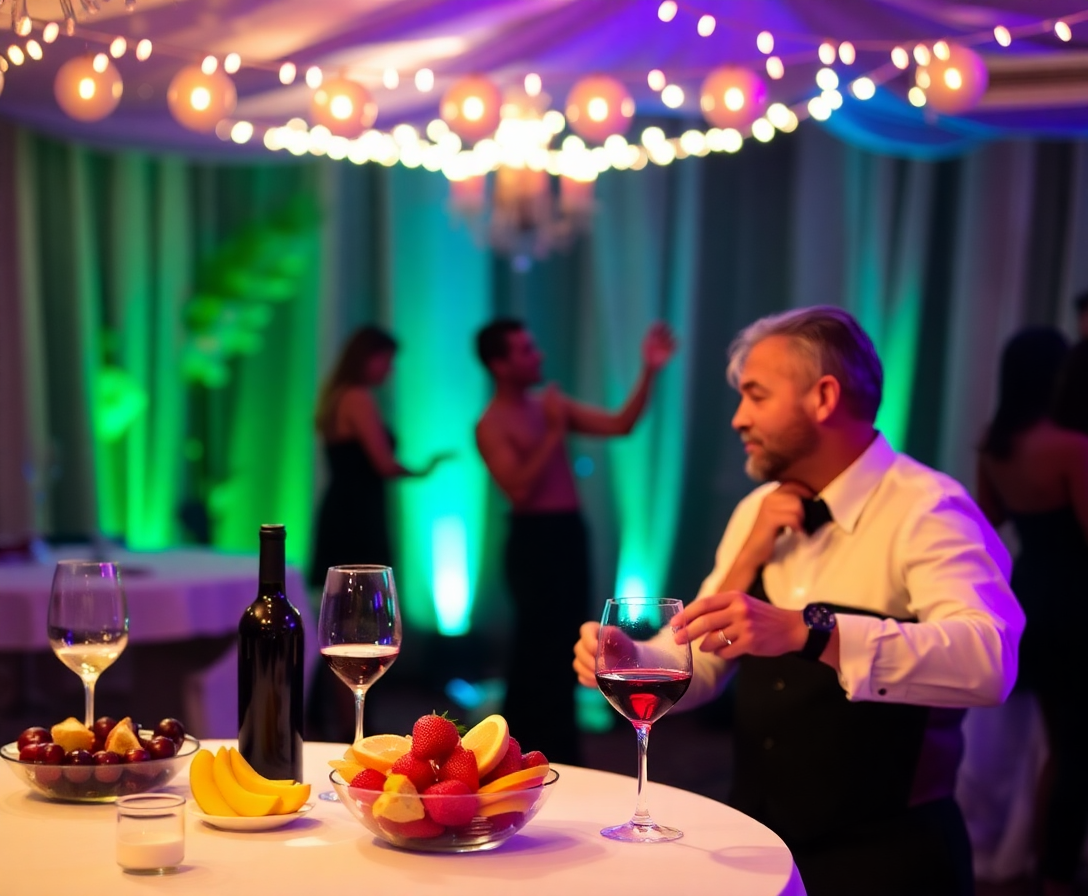 banquete sensual egípcio com frutas, vinho e dançarinas