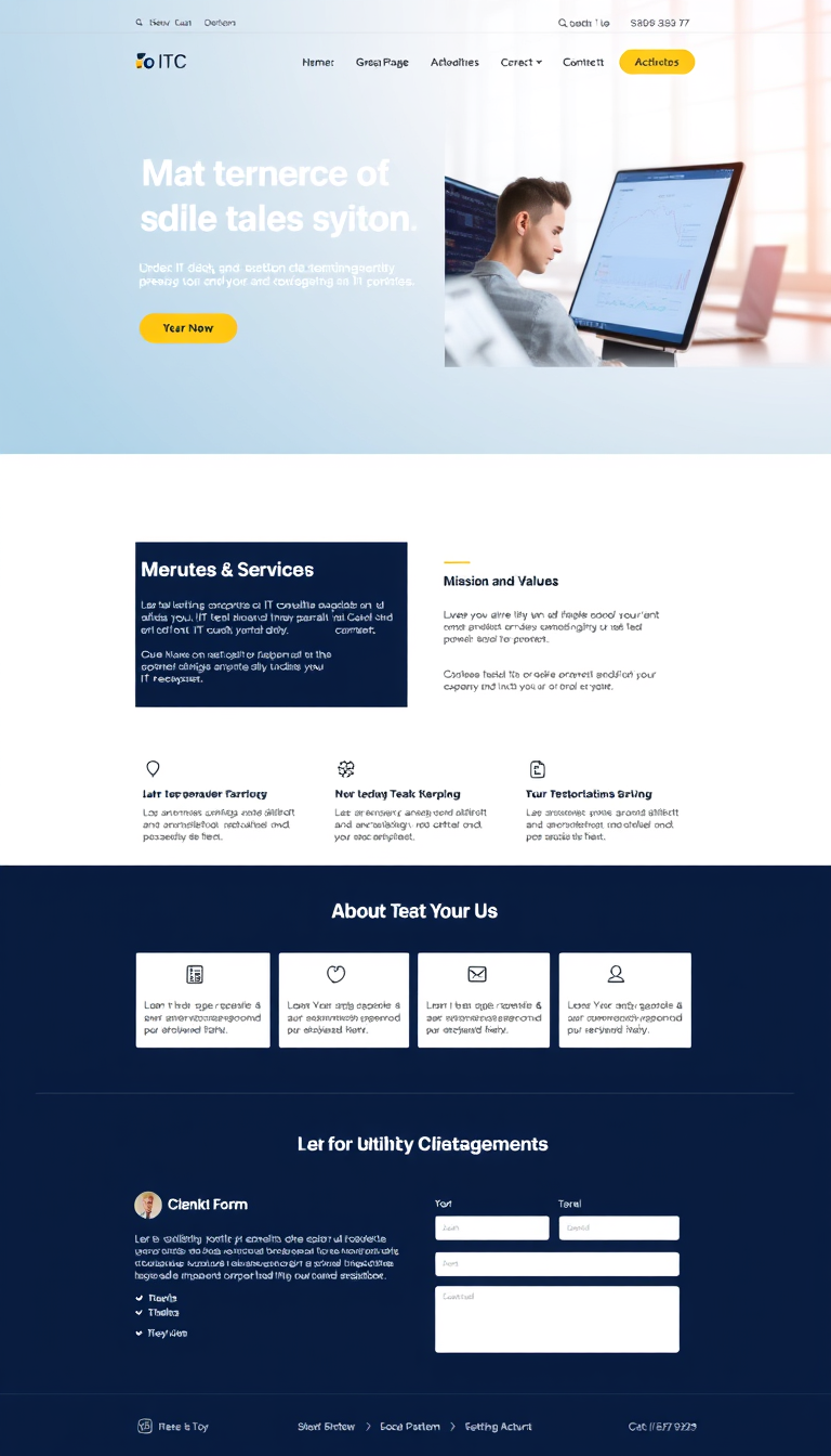 Design a single-page website for an IT consulting business, featuring a prominent hero section with a strong headline and call-to-action, a detailed services section, an about us segment highlighting mission and values, client testimonials, and a contact form. The layout should be professional, modern, and responsive for both desktop and mobile devices, prioritizing user experience and smooth navigation.