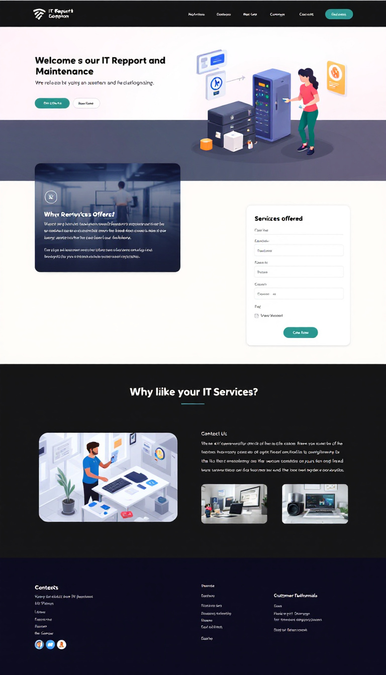 Design a simple one-page website for an IT support and maintenance business, featuring clean lines, a modern layout, and sections for services offered, contact information, and customer testimonials.