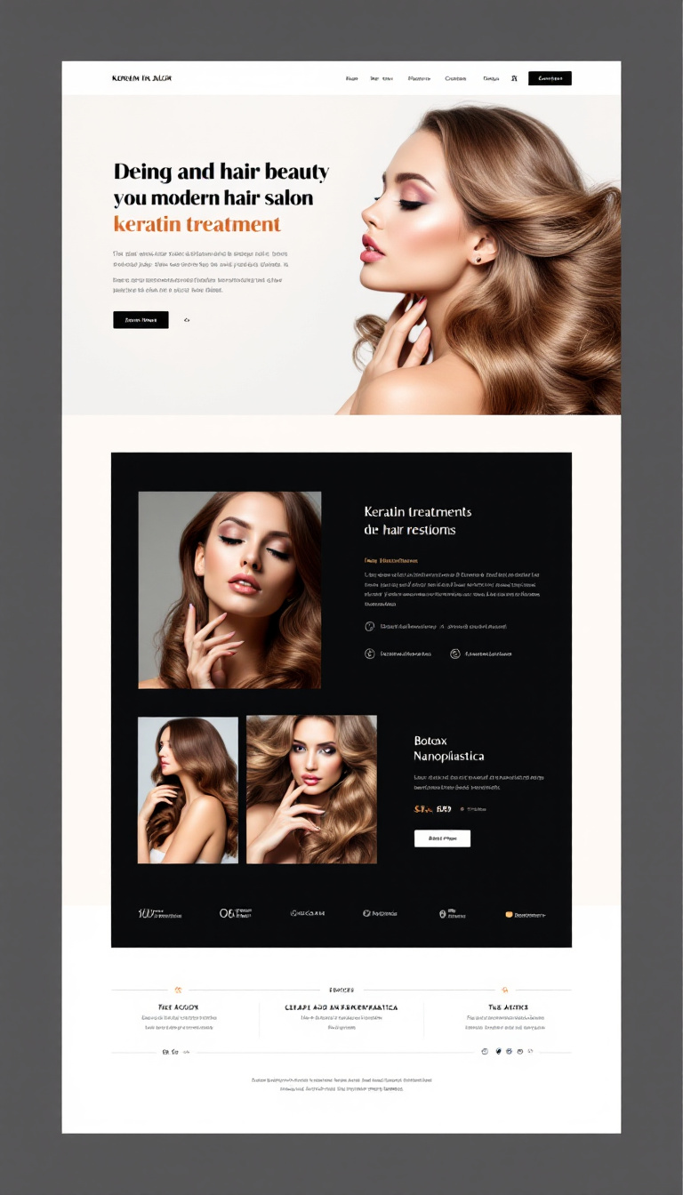 Create a one-page website design for a modern hair salon offering services like keratin treatments, Botox, Nanoplastica, and hair restoration. The layout should be clean, elegant, and visually appealing to showcase the salon's beauty services.