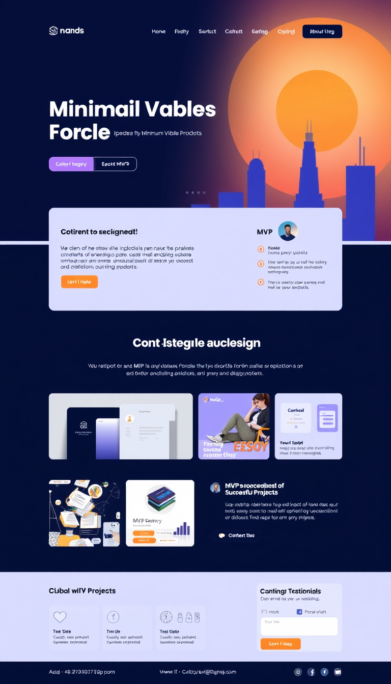 Design a modern, single-page website for an IT agency that specializes in Minimum Viable Products (MVPs). The site should feature a compelling hero section with a captivating headline, a mission tagline, and a call-to-action button. Include sections for the agency's background, a list of MVP services, a showcase of successful projects, client testimonials, and a contact form with the agency's contact details. Ensure a professional and user-friendly layout with a responsive design.