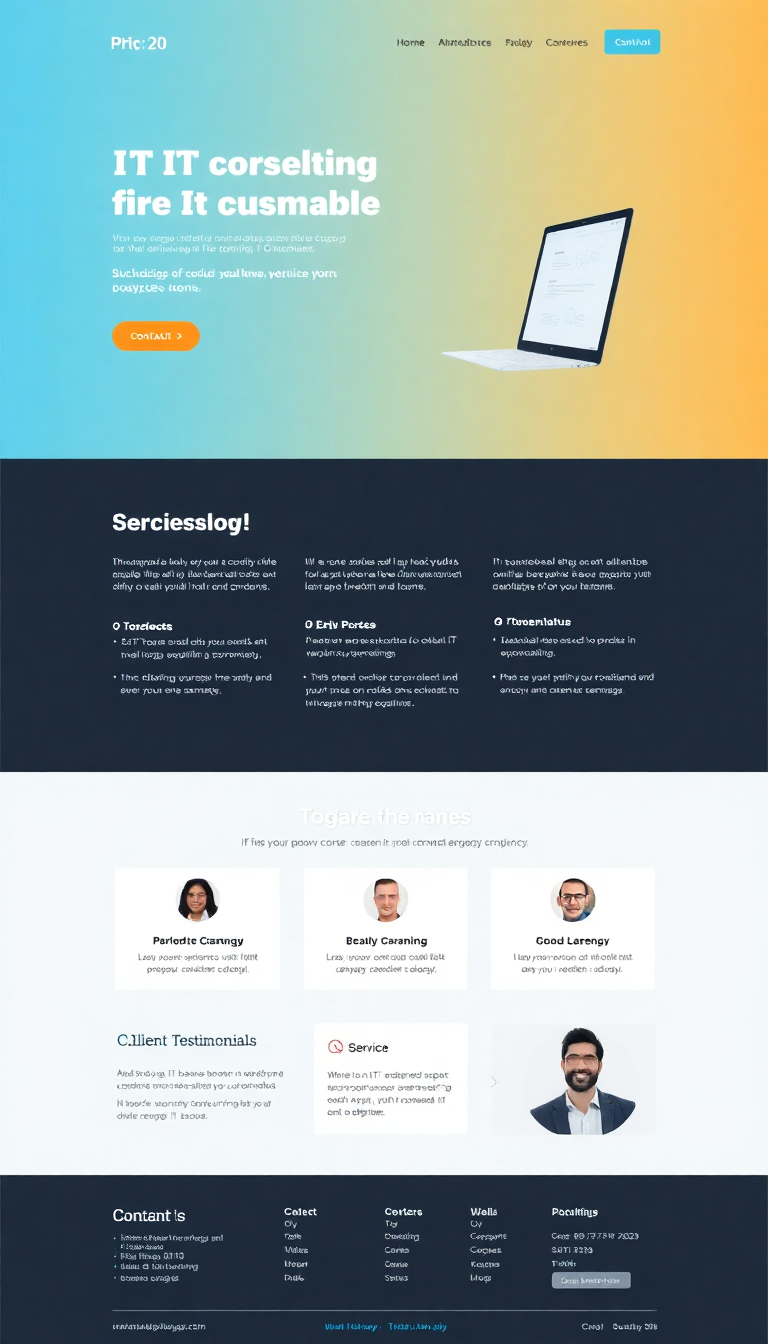 Design a clean one-page website for an IT consulting business, featuring a professional layout, services offered, contact information, and client testimonials. Use a modern color scheme and intuitive navigation.